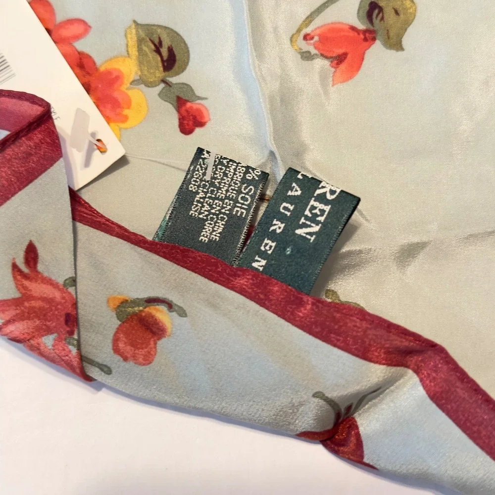 New Lauren Ralph Lauren Silk Floral Square Scarf Multicolor Burgundy Cottagecore